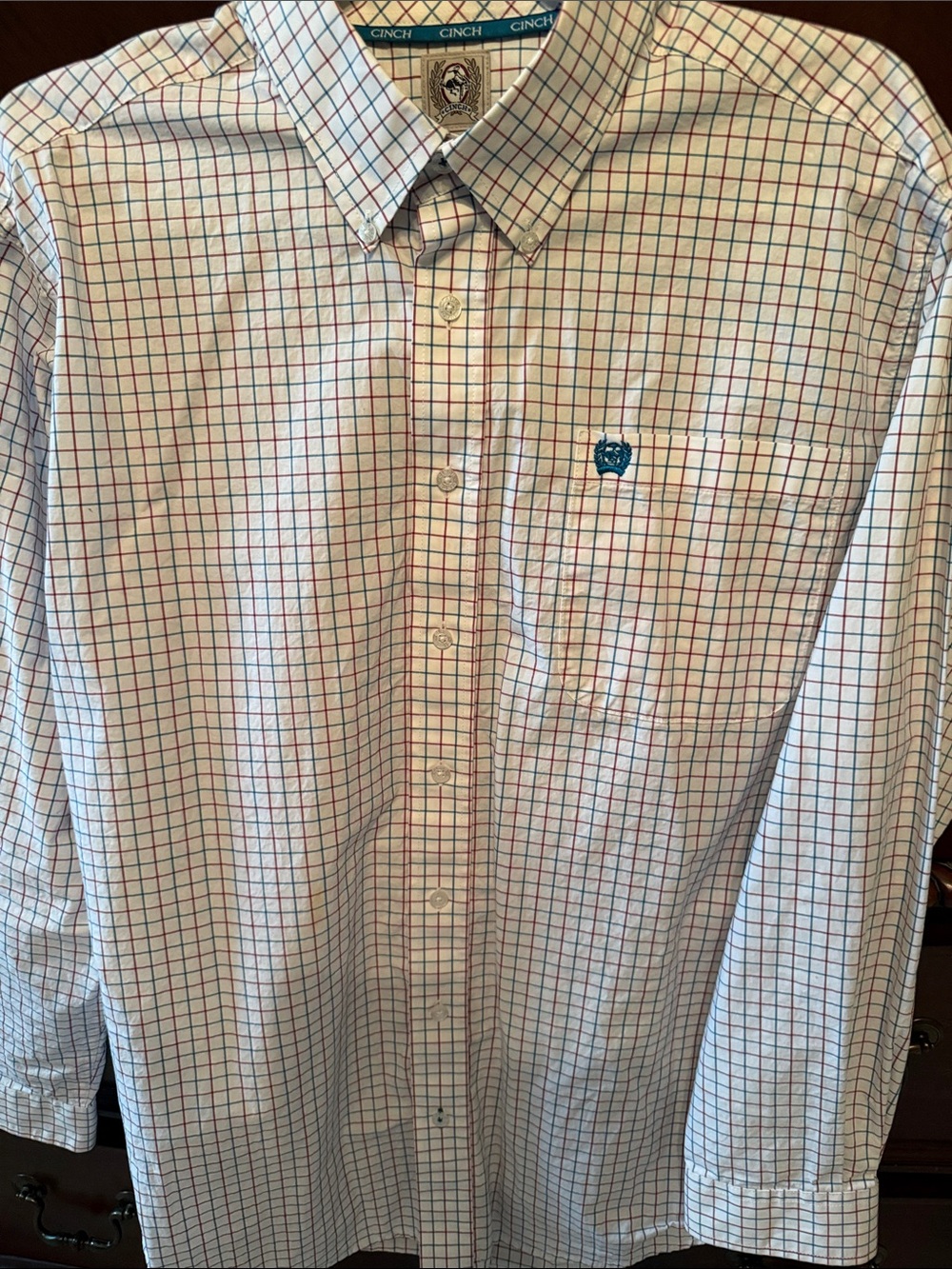 Cinch Men’s White Shirt with Red and Teal Blue Windowpane Check